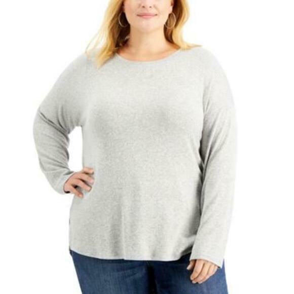 Style Co 1X Plus Snit Top Heathered Long Sleeve Lightweight Shirt Layering Work - Picture 2 of 10